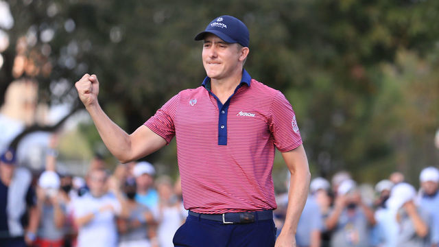 HOUSTON, TEXAS - NOVEMBER 08: Carlos Ortiz of Mexico celebrates after making a birdie putt on the 18th green to win the Houston Open at Memorial Park Golf Course on November 08, 2020 in Houston, Texas.