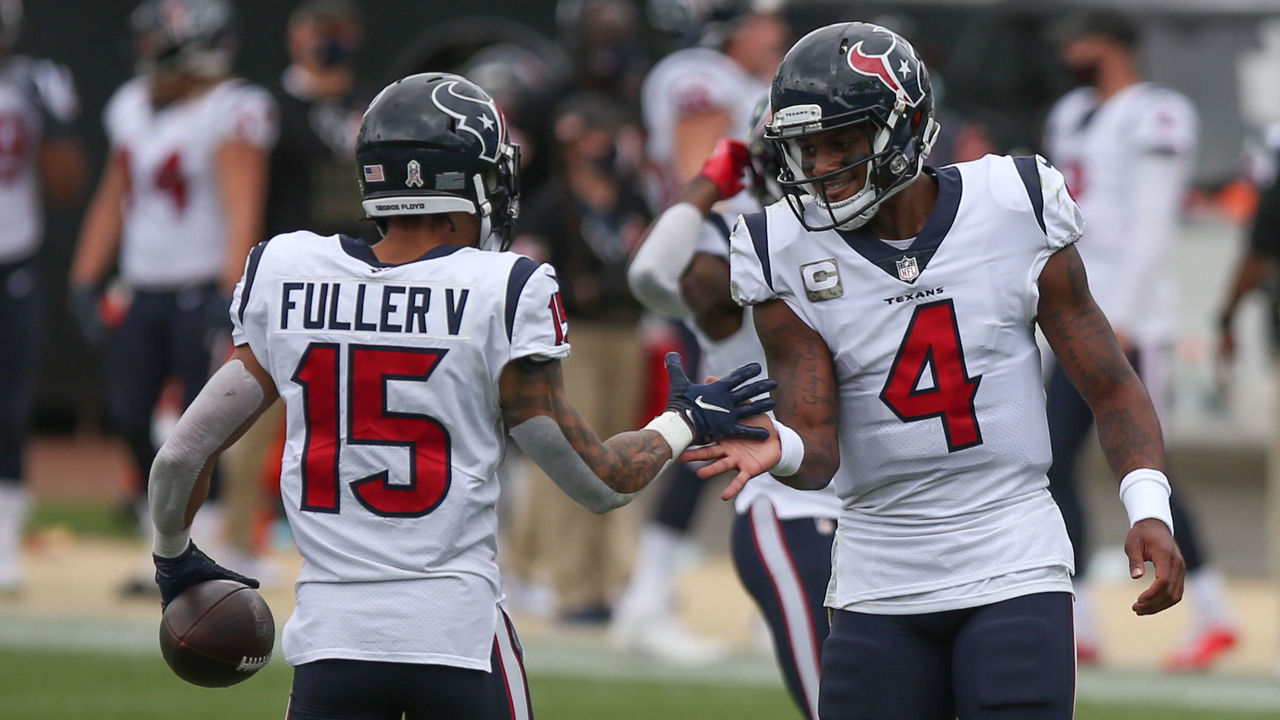 JACKSONVILLE, FL - NOVEMBER 08: Houston Texans Quarterback Deshaun Watson (4) and Houston Texans Wide Receiver Will Fuller (15) celebrate a touchdown during the game between the Houston Texans and the Jacksonville Jaguars on November 8, 2020 at TIAA Bank Field in Jacksonville, Fl.