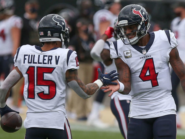 JACKSONVILLE, FL - NOVEMBER 08: Houston Texans Quarterback Deshaun Watson (4) and Houston Texans Wide Receiver Will Fuller (15) celebrate a touchdown during the game between the Houston Texans and the Jacksonville Jaguars on November 8, 2020 at TIAA Bank Field in Jacksonville, Fl.