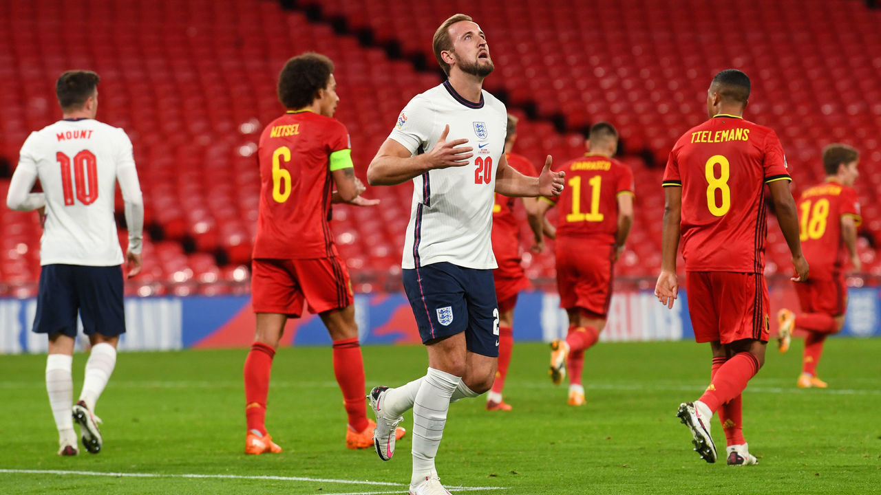 LONDON, ENGLAND - OCTOBER 11: Harry Kane of England reacts after a missed chance during the UEFA Nations League group stage match between England and Belgium at Wembley Stadium on October 11, 2020 in London, England. Football Stadiums around Europe remain empty due to the Coronavirus Pandemic as Government social distancing laws prohibit fans inside venues resulting in fixtures being played behind closed doors.