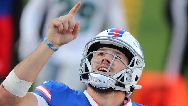 ORCHARD PARK, NEW YORK - NOVEMBER 08: Josh Allen #17 of the Buffalo Bills celebrates a touchdown during the second half against the Seattle Seahawks at Bills Stadium on November 08, 2020 in Orchard Park, New York.
