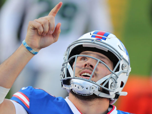 ORCHARD PARK, NEW YORK - NOVEMBER 08: Josh Allen #17 of the Buffalo Bills celebrates a touchdown during the second half against the Seattle Seahawks at Bills Stadium on November 08, 2020 in Orchard Park, New York.