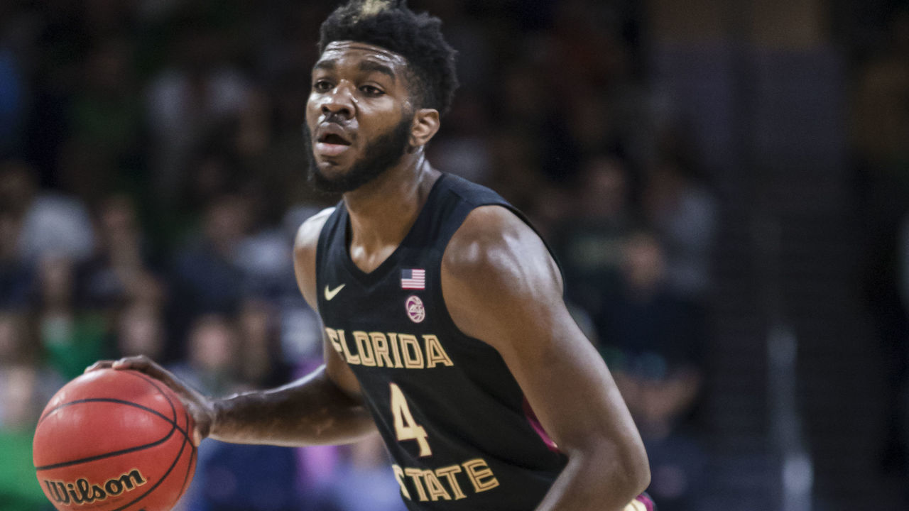 SOUTH BEND, IN - MARCH 04: Patrick Williams #4 of the Florida State Seminoles dribbles the ball during the game against the Notre Dame Fighting Irish at Purcell Pavilion on March 4, 2020 in South Bend, Indiana.