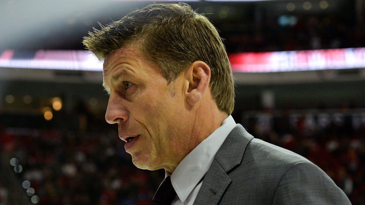 RALEIGH, NC - NOVEMBER 11: Chicago Blackhawks assistant coach Ulf Samuelsson walks to the locker room between periods during a game between the Carolina Hurricanes and the Chicago Blackhawks at the PNC Arena on Raleigh, NC on November 11, 2017. Chicago defeated Carolina 4-3 in overtime.