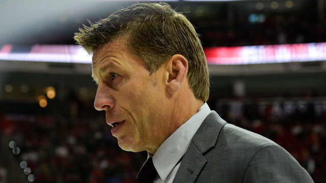 RALEIGH, NC - NOVEMBER 11: Chicago Blackhawks assistant coach Ulf Samuelsson walks to the locker room between periods during a game between the Carolina Hurricanes and the Chicago Blackhawks at the PNC Arena on Raleigh, NC on November 11, 2017. Chicago defeated Carolina 4-3 in overtime.