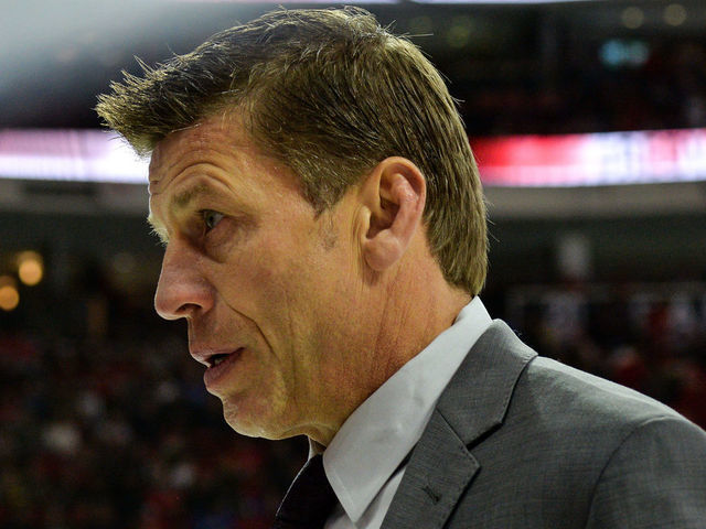 RALEIGH, NC - NOVEMBER 11: Chicago Blackhawks assistant coach Ulf Samuelsson walks to the locker room between periods during a game between the Carolina Hurricanes and the Chicago Blackhawks at the PNC Arena on Raleigh, NC on November 11, 2017. Chicago defeated Carolina 4-3 in overtime.