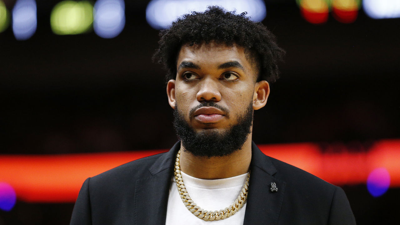 MIAMI, FLORIDA - FEBRUARY 26: Karl-Anthony Towns #32 of the Minnesota Timberwolves looks on against the Miami Heat during the second half at American Airlines Arena on February 26, 2020 in Miami, Florida. NOTE TO USER: User expressly acknowledges and agrees that, by downloading and/or using this photograph, user is consenting to the terms and conditions of the Getty Images License Agreement.