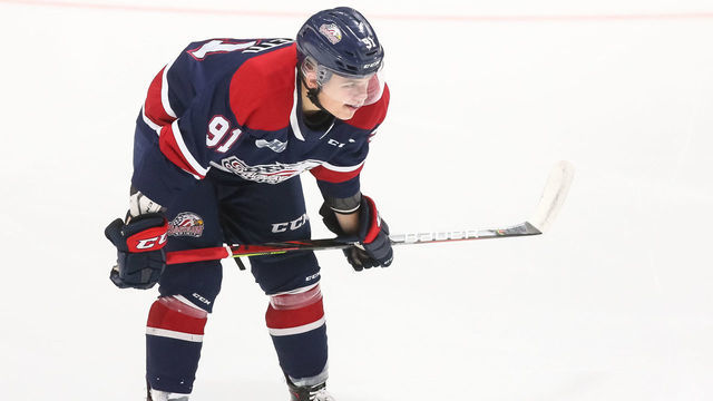 OSHAWA, ON - OCTOBER 06: Cole Perfetti #91 of the Saginaw Spirit looks on during an OHL game against the Oshawa Generals at the Tribute Communities Centre on October 6, 2019 in Oshawa, Ontario, Canada.