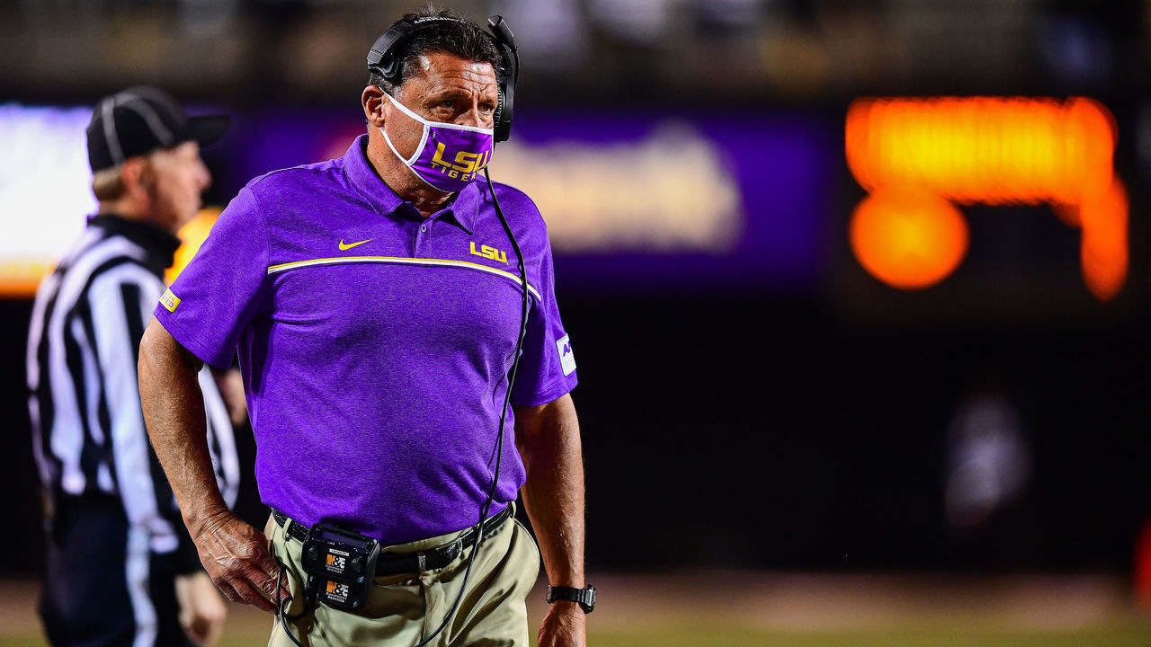 NASHVILLE, TN - OCTOBER 3: Head Coach Ed Orgeron of the LSU Tigers walks the sideline against the Vanderbilt Commodores at Vanderbilt Stadium on October 3, 2020 in Nashville, Tennessee.