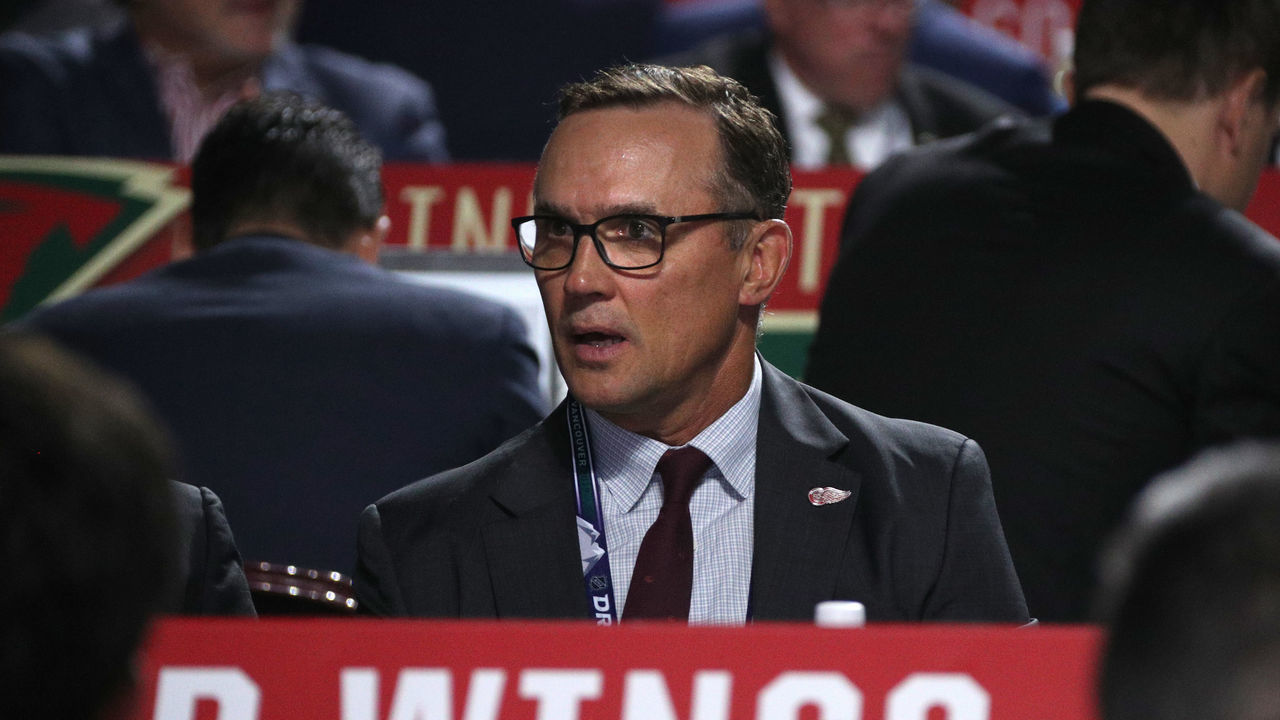 VANCOUVER, BRITISH COLUMBIA - JUNE 21: General Manager Steve Yzerman of the Detroit Red Wings looks on from the draft table during the first round of the 2019 NHL Draft at Rogers Arena on June 21, 2019 in Vancouver, Canada.