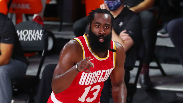 LAKE BUENA VISTA, FLORIDA - AUGUST 12: James Harden #13 of the Houston Rockets celebrates after making a three-point basket against the Indiana Pacers in the third quarter at AdventHealth Arena at ESPN Wide World Of Sports Complex on August 12, 2020 in Lake Buena Vista, Florida.