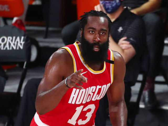 LAKE BUENA VISTA, FLORIDA - AUGUST 12: James Harden #13 of the Houston Rockets celebrates after making a three-point basket against the Indiana Pacers in the third quarter at AdventHealth Arena at ESPN Wide World Of Sports Complex on August 12, 2020 in Lake Buena Vista, Florida.