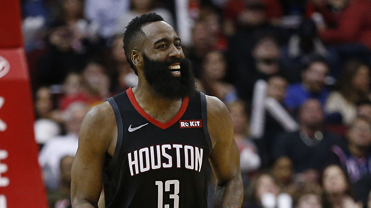 HOUSTON, TEXAS - JANUARY 11: James Harden #13 of the Houston Rockets during the third quarter against the Cleveland Cavaliers at Toyota Center on January 11, 2019 in Houston, Texas.
