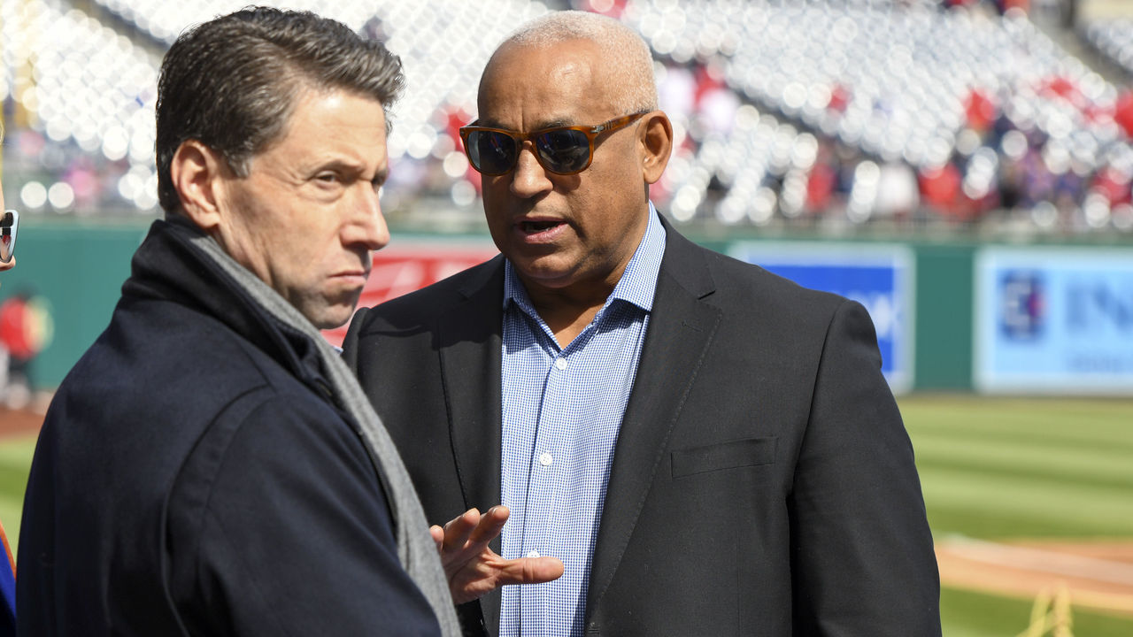 WASHINGTON, DC - MARCH 28: COO of the New York Mets, Jeff Wilpon (L) talks with Mets Special Assistant to the General Manager Omar Minaya prior to the opening day game between the New York Mets and the Washington Nationals on March 28, 2019, at Nationals Park, in Washington D.C.