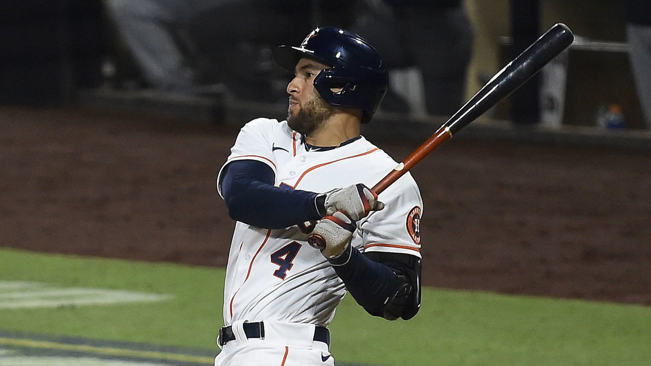 SAN DIEGO, CALIFORNIA - OCTOBER 14: George Springer #4 of the Houston Astros hits a two run home run off Tyler Glasnow #20 of the Tampa Bay Rays during the fifth inning in Game Four of the American League Championship Series at PETCO Park on October 14, 2020 in San Diego, California.