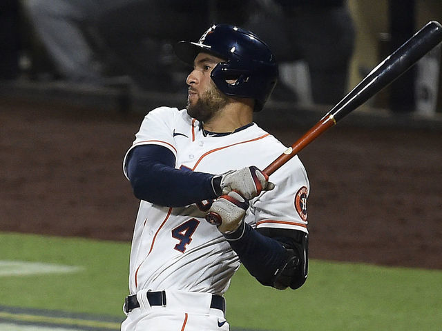 SAN DIEGO, CALIFORNIA - OCTOBER 14: George Springer #4 of the Houston Astros hits a two run home run off Tyler Glasnow #20 of the Tampa Bay Rays during the fifth inning in Game Four of the American League Championship Series at PETCO Park on October 14, 2020 in San Diego, California.