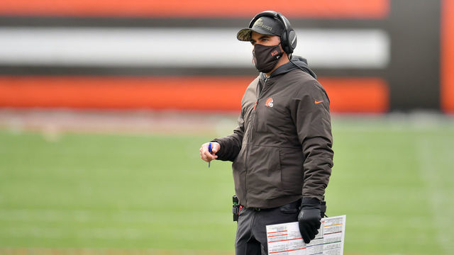 CLEVELAND, OHIO - NOVEMBER 01: Head coach Kevin Stefanski of the Cleveland Browns waits to talk to an official during the second quarter against the Las Vegas Raiders at FirstEnergy Stadium on November 01, 2020 in Cleveland, Ohio.