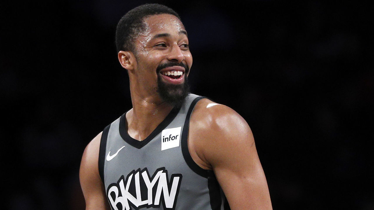 NEW YORK, NY - DECEMBER 21: Spencer Dinwiddie #8 of the Brooklyn Nets laughs after scoring in an NBA basketball game against the Atlanta Hawks on December 21, 2019 at Barclays Center in the Brooklyn borough of New York City. Nets won 122-112. NOTE TO USER: User expressly acknowledges and agrees that, by downloading and/or using this Photograph, user is consenting to the terms and conditions of the Getty License agreement. Mandatory Copyright Notice