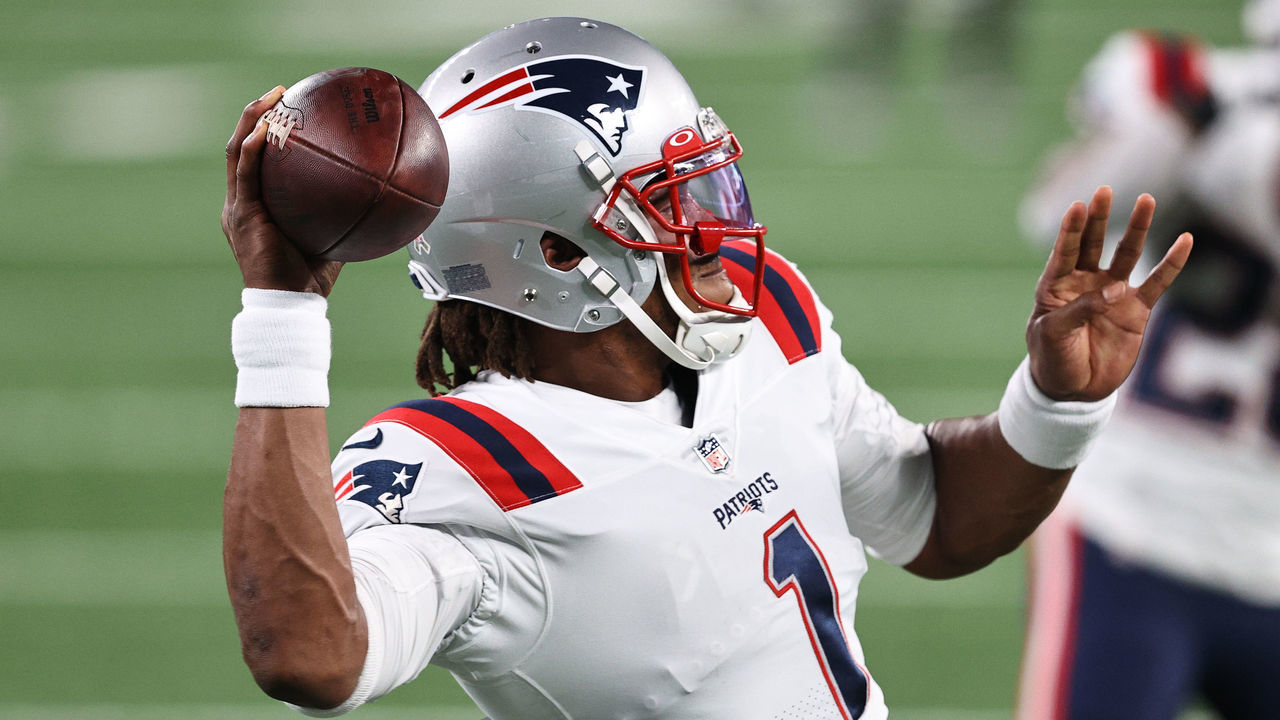 EAST RUTHERFORD, NEW JERSEY - NOVEMBER 09: Cam Newton #1 of the New England Patriots throws the ball during warmups before the game against the New York Jets at MetLife Stadium on November 09, 2020 in East Rutherford, New Jersey.