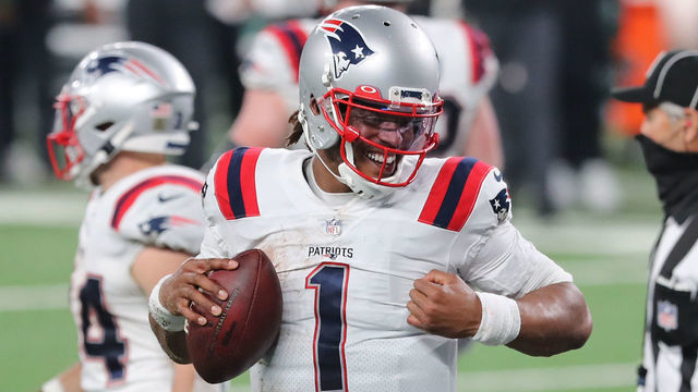 EAST RUTHERFORD, NEW JERSEY - NOVEMBER 09: Cam Newton #1 of the New England Patriots reacts after scoring a game-tying touchdown during the second half against the New York Jets at MetLife Stadium on November 09, 2020 in East Rutherford, New Jersey.