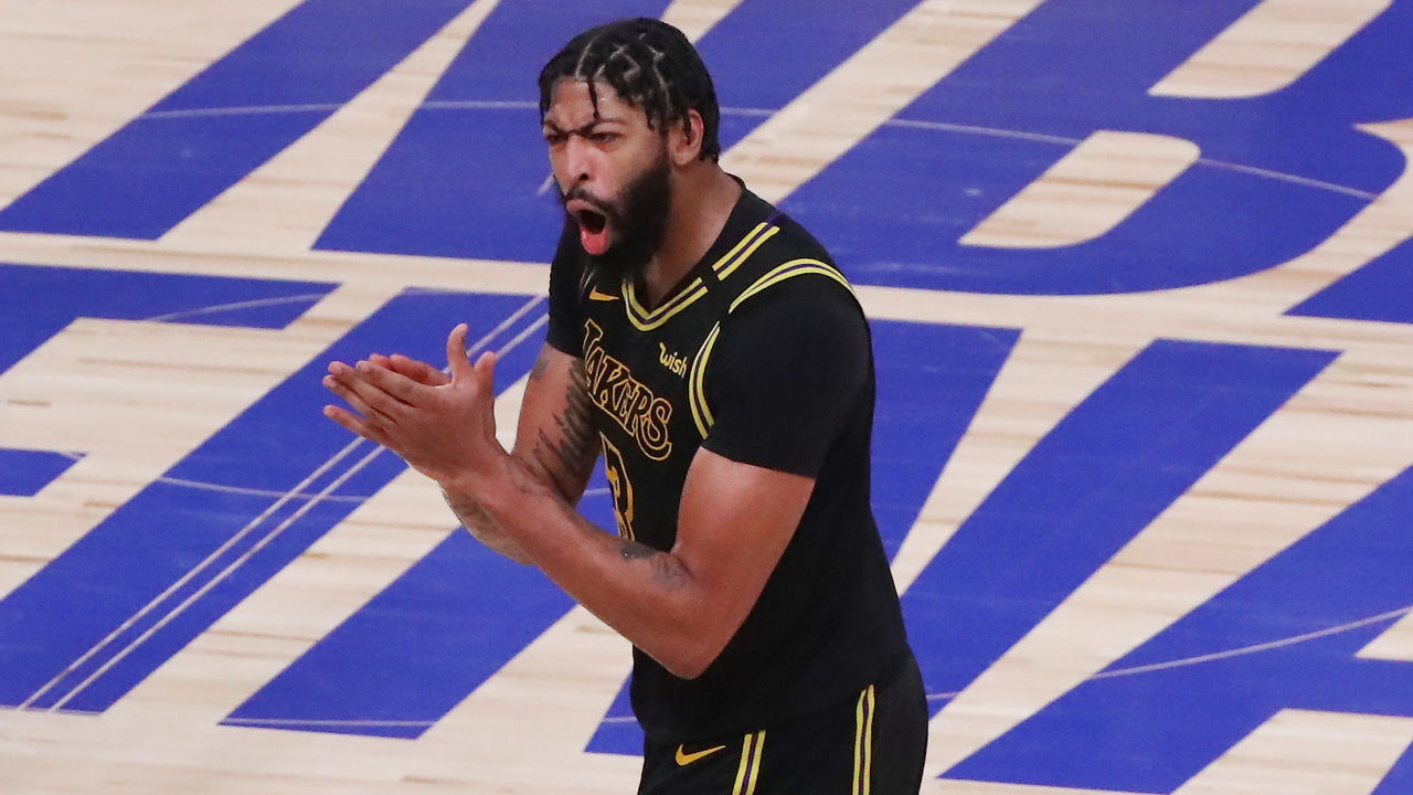 LAKE BUENA VISTA, FLORIDA - OCTOBER 09: Anthony Davis #3 of the Los Angeles Lakers reacts during the fourth quarter against the Miami Heat in Game Five of the 2020 NBA Finals at AdventHealth Arena at the ESPN Wide World Of Sports Complex on October 9, 2020 in Lake Buena Vista, Florida.