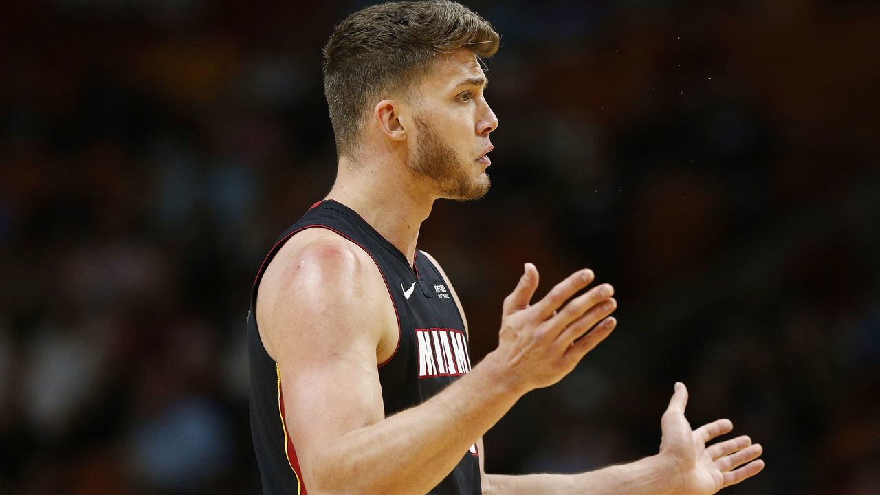 MIAMI, FLORIDA - JANUARY 20: Meyers Leonard #0 of the Miami Heat reacts against the Sacramento Kings during the first half at American Airlines Arena on January 20, 2020 in Miami, Florida. NOTE TO USER: User expressly acknowledges and agrees that, by downloading and/or using this photograph, user is consenting to the terms and conditions of the Getty Images License Agreement.