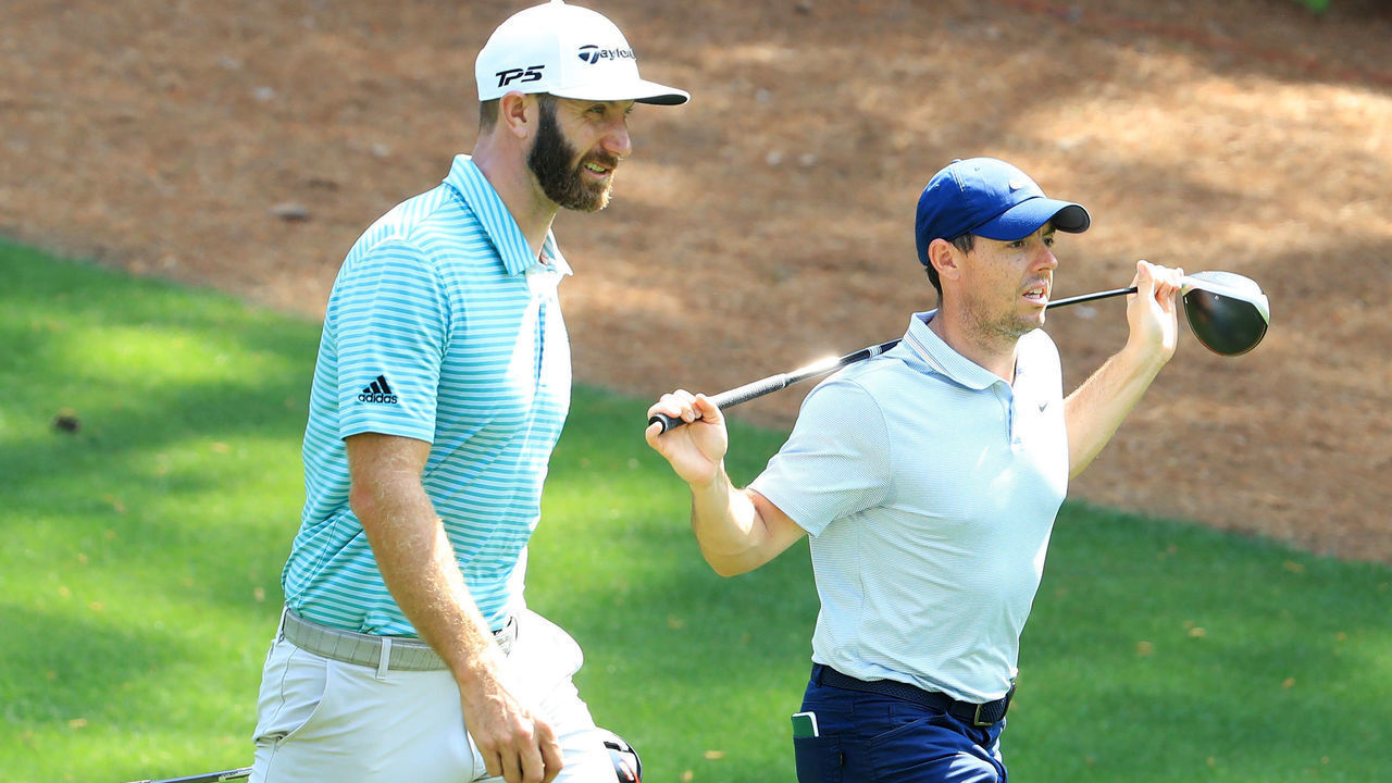 AUGUSTA, GEORGIA - APRIL 08: Rory McIlroy (R) of Northern Ireland and Dustin Johnson of the United States walk during a practice round prior to The Masters at Augusta National Golf Club on April 08, 2019 in Augusta, Georgia.