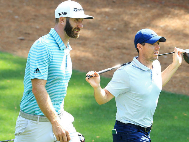 AUGUSTA, GEORGIA - APRIL 08: Rory McIlroy (R) of Northern Ireland and Dustin Johnson of the United States walk during a practice round prior to The Masters at Augusta National Golf Club on April 08, 2019 in Augusta, Georgia.