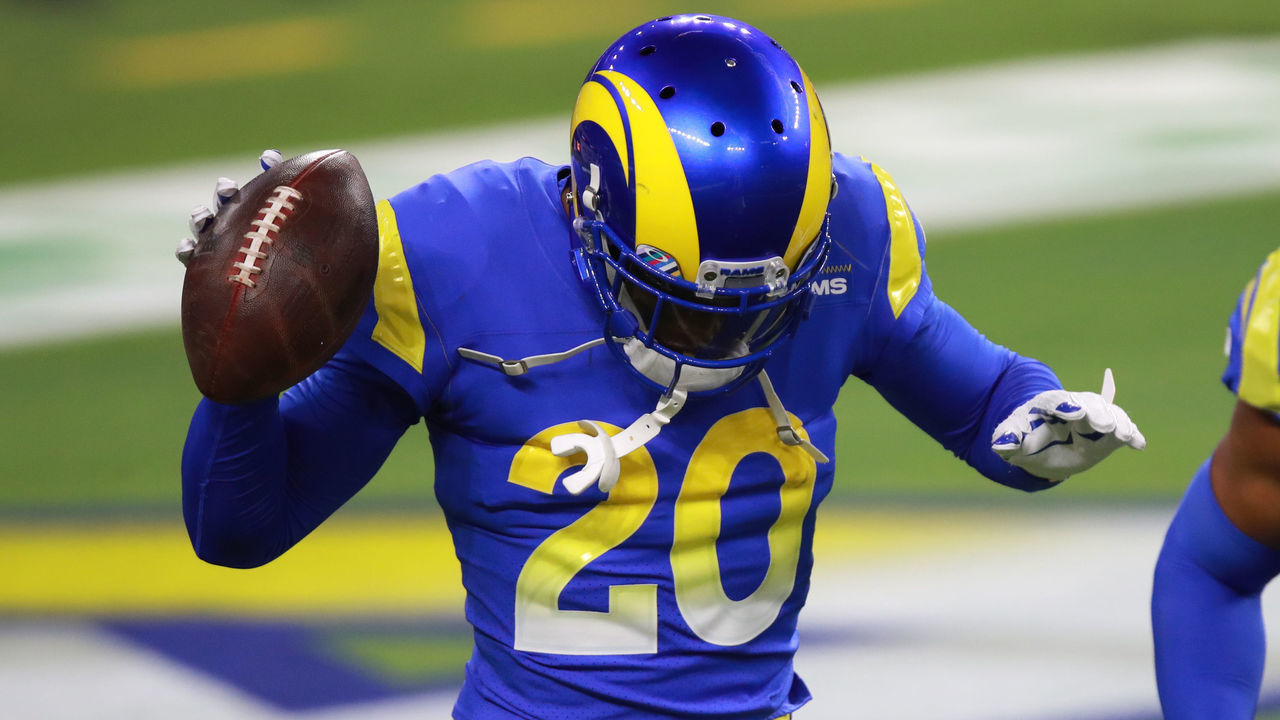 INGLEWOOD, CALIFORNIA - OCTOBER 26: Jalen Ramsey #20 of the Los Angeles Rams celebrates after intercepting the ball in the fourth quarter against the Chicago Bears at SoFi Stadium on October 26, 2020 in Inglewood, California.