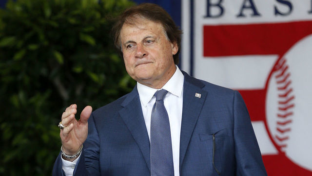 COOPERSTOWN, NEW YORK - JULY 21: Hall of Famer Tony LaRussa is introduced during the Baseball Hall of Fame induction ceremony at Clark Sports Center on July 21, 2019 in Cooperstown, New York.