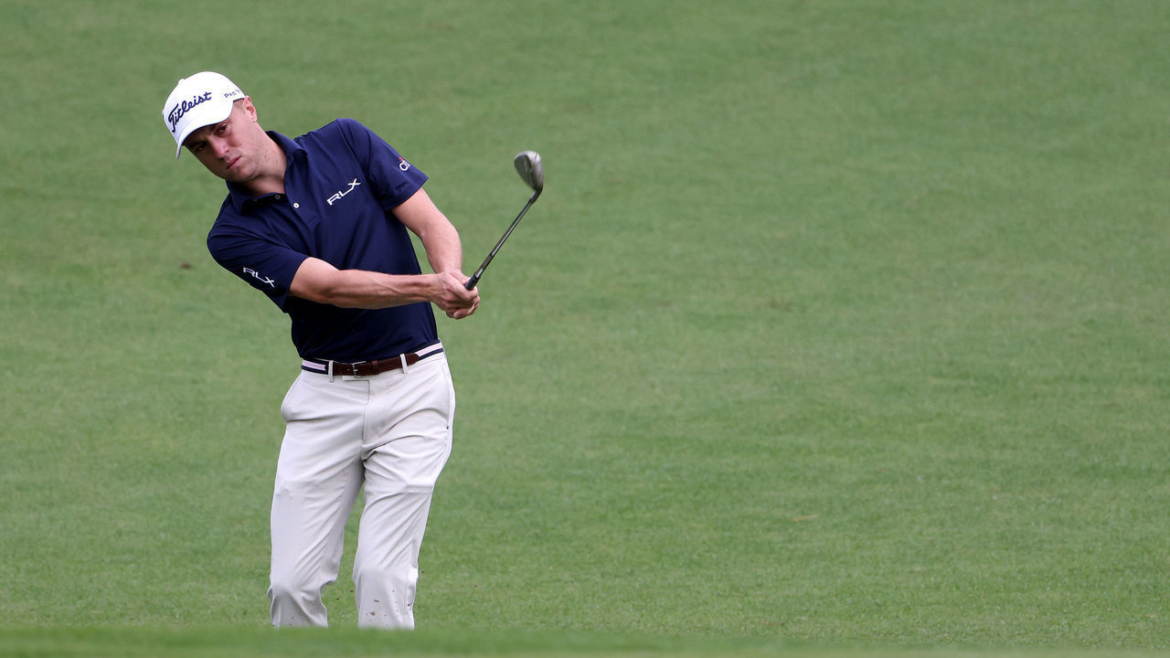 AUGUSTA, GEORGIA - NOVEMBER 10: Justin Thomas of the United States plays a shot on the second hole during a practice round prior to the Masters at Augusta National Golf Club on November 10, 2020 in Augusta, Georgia.