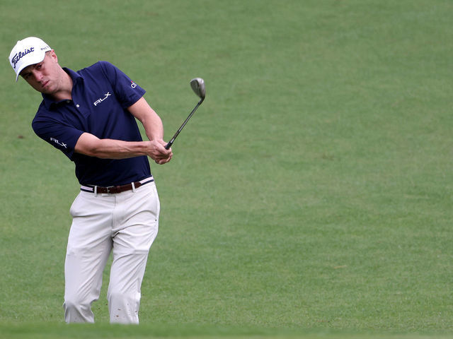 AUGUSTA, GEORGIA - NOVEMBER 10: Justin Thomas of the United States plays a shot on the second hole during a practice round prior to the Masters at Augusta National Golf Club on November 10, 2020 in Augusta, Georgia.