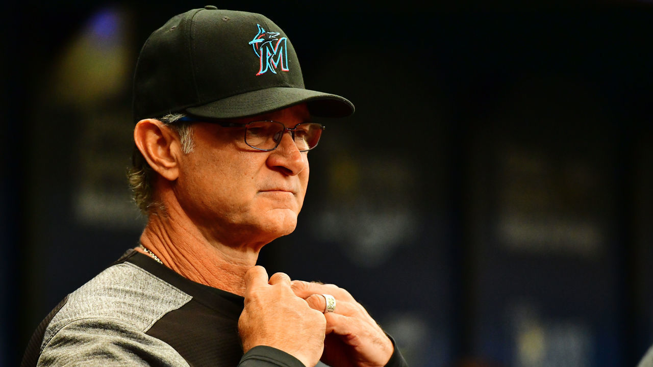 ST. PETERSBURG, FLORIDA - AUGUST 04: Manager Don Mattingly #8 of the Miami Marlins looks on during the fifth inning of a baseball game against the Tampa Bay Rays at Tropicana Field on August 04, 2019 in St. Petersburg, Florida.