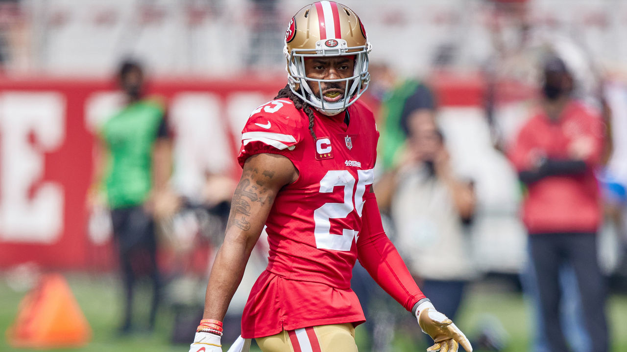 SAN FRANCISCO, CA - SEPTEMBER 13: San Francisco 49ers cornerback Richard Sherman (25) looks on during the NFL game between the San Francisco 49ers and the Arizona Cardinals on September 13, 2020, at Levi's Stadium in Santa Clara, California.