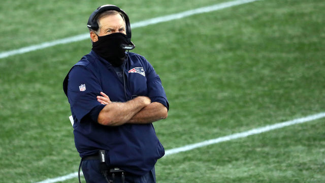 FOXBOROUGH, MASSACHUSETTS - OCTOBER 25: Head coach Bill Belichick of the New England Patriots looks on from the sideline during the game against the San Francisco 49ers at Gillette Stadium on October 25, 2020 in Foxborough, Massachusetts.