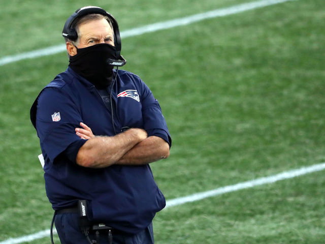 FOXBOROUGH, MASSACHUSETTS - OCTOBER 25: Head coach Bill Belichick of the New England Patriots looks on from the sideline during the game against the San Francisco 49ers at Gillette Stadium on October 25, 2020 in Foxborough, Massachusetts.