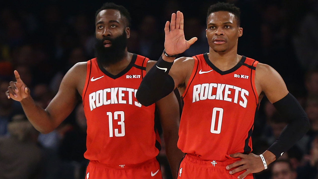 NEW YORK, NEW YORK - MARCH 02: James Harden #13 and Russell Westbrook #0 of the Houston Rockets in action against the New York Knicks at Madison Square Garden on March 02, 2020 in New York City. New York Knicks defeated the Houston Rockets 125-123.