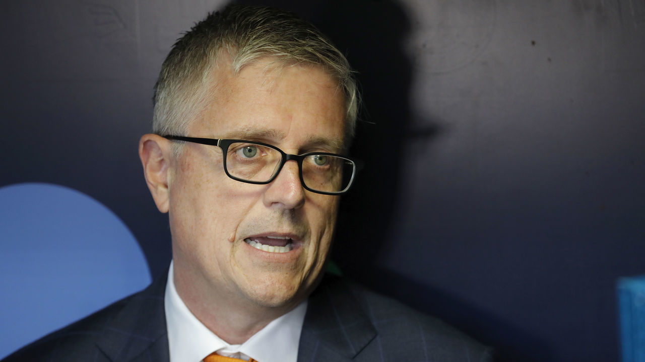 HOUSTON, TX - OCTOBER 17: President of Baseball Operations and General Manager Jeff Luhnow addresses the media prior to the Game Four of the American League Championship Series against the Boston Red Sox at Minute Maid Park on October 17, 2018 in Houston, Texas.