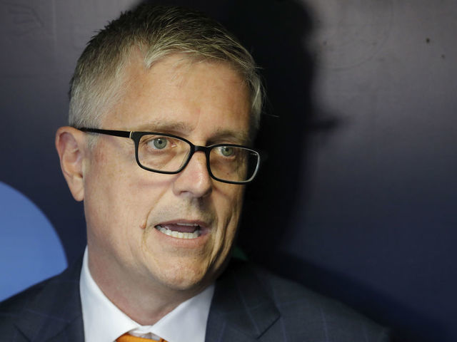 HOUSTON, TX - OCTOBER 17: President of Baseball Operations and General Manager Jeff Luhnow addresses the media prior to the Game Four of the American League Championship Series against the Boston Red Sox at Minute Maid Park on October 17, 2018 in Houston, Texas.