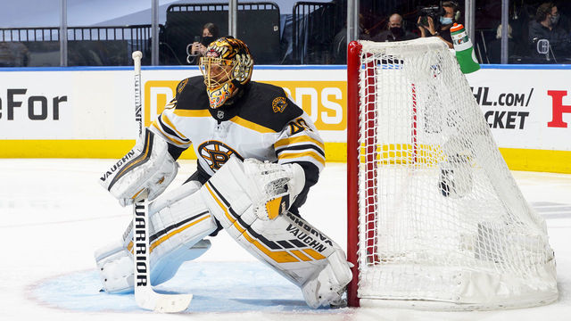 TORONTO, ONTARIO - AUGUST 09: Tuukka Rask #40 of the Boston Bruins is pictured in his crease during the first period against the Washington Capitals in an Eastern Conference Round Robin game during the 2020 NHL Stanley Cup Playoff at Scotiabank Arena on August 09, 2020 in Toronto, Ontario.