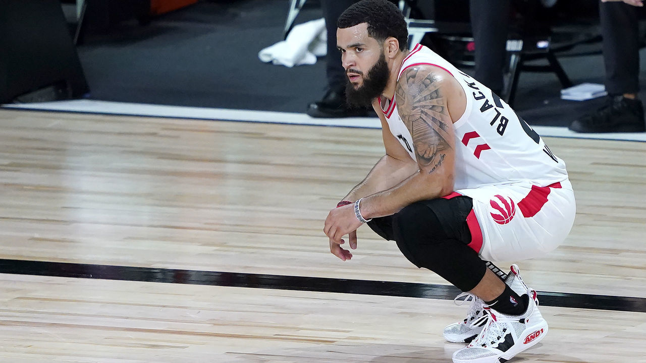 LAKE BUENA VISTA, FLORIDA - AUGUST 07: Fred VanVleet #23 of the Toronto Raptors looks on during a coaches challenge in the first half of an NBA basketball game against the Boston Celtics at the ESPN Wide World Of Sports Complex on August 7, 2020 in Lake Buena Vista, Florida.
