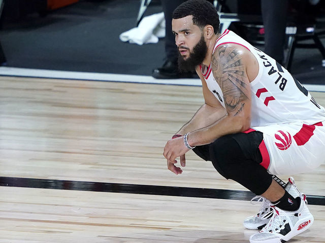 LAKE BUENA VISTA, FLORIDA - AUGUST 07: Fred VanVleet #23 of the Toronto Raptors looks on during a coaches challenge in the first half of an NBA basketball game against the Boston Celtics at the ESPN Wide World Of Sports Complex on August 7, 2020 in Lake Buena Vista, Florida.