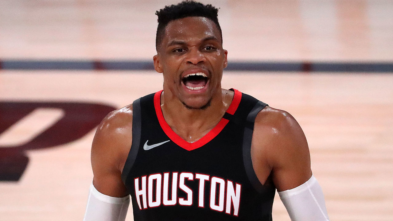 LAKE BUENA VISTA, FLORIDA - SEPTEMBER 12: Russell Westbrook #0 of the Houston Rockets reacts to a fan during the fourth quarter against the Los Angeles Lakers in Game Five of the Western Conference Second Round during the 2020 NBA Playoffs at AdventHealth Arena at the ESPN Wide World Of Sports Complex on September 12, 2020 in Lake Buena Vista, Florida.