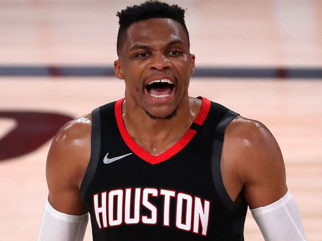 LAKE BUENA VISTA, FLORIDA - SEPTEMBER 12: Russell Westbrook #0 of the Houston Rockets reacts to a fan during the fourth quarter against the Los Angeles Lakers in Game Five of the Western Conference Second Round during the 2020 NBA Playoffs at AdventHealth Arena at the ESPN Wide World Of Sports Complex on September 12, 2020 in Lake Buena Vista, Florida.
