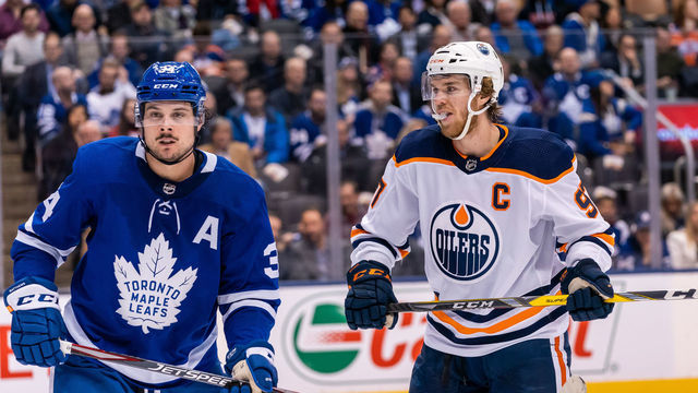 TORONTO, ON - JANUARY 6: Connor McDavid #97 of the Edmonton Oilers looks at Auston Matthews #34 of the Toronto Maple Leafs during the third period at the Scotiabank Arena on January 6, 2020 in Toronto, Ontario, Canada.