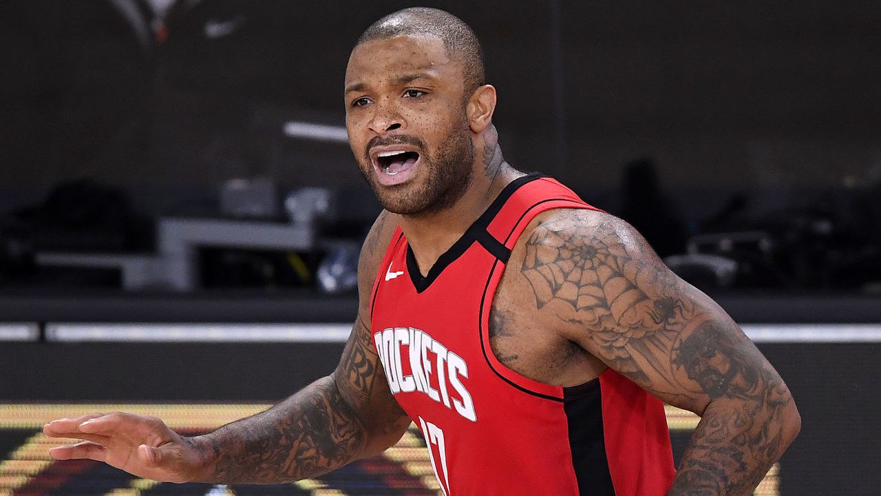 LAKE BUENA VISTA, FLORIDA - SEPTEMBER 06: P.J. Tucker #17 of the Houston Rockets reacts during the second quarter against the Los Angeles Lakers in Game Two of the Western Conference Second Round during the 2020 NBA Playoffs at AdventHealth Arena at the ESPN Wide World Of Sports Complex on September 06, 2020 in Lake Buena Vista, Florida.