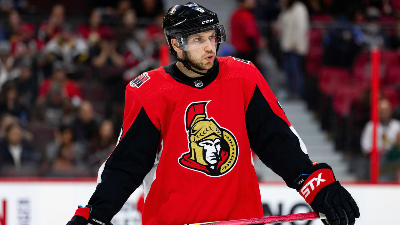 OTTAWA, ON - FEBRUARY 29: Ottawa Senators Right Wing Bobby Ryan (9) before a face-off during third period National Hockey League action between the Detroit Red Wings and Ottawa Senators on February 29, 2020, at Canadian Tire Centre in Ottawa, ON, Canada.