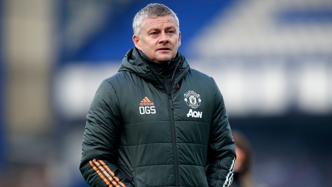 Manchester United's Norwegian manager Ole Gunnar Solskjaer reacts during the English Premier League football match between Everton and Manchester United at Goodison Park in Liverpool, north west England on November 7, 2020.