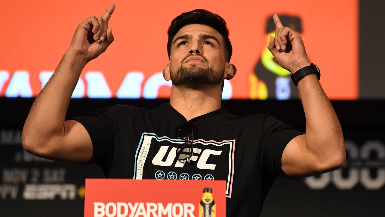 NEW YORK, NY - NOVEMBER 01: Kelvin Gastelum poses on the scale during the UFC 244 weigh-ins at the Hulu Theatre at Madison Square Garden on November 1, 2019 in New York, New York.