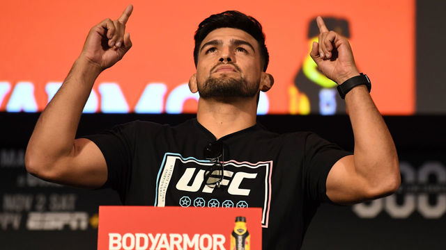 NEW YORK, NY - NOVEMBER 01: Kelvin Gastelum poses on the scale during the UFC 244 weigh-ins at the Hulu Theatre at Madison Square Garden on November 1, 2019 in New York, New York.